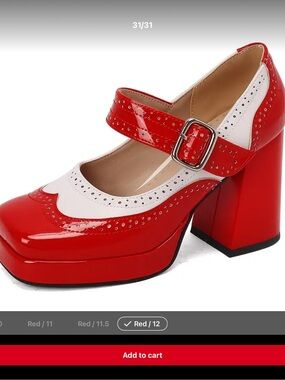 Red Mary Jane Block Heel Pumps with White Trim